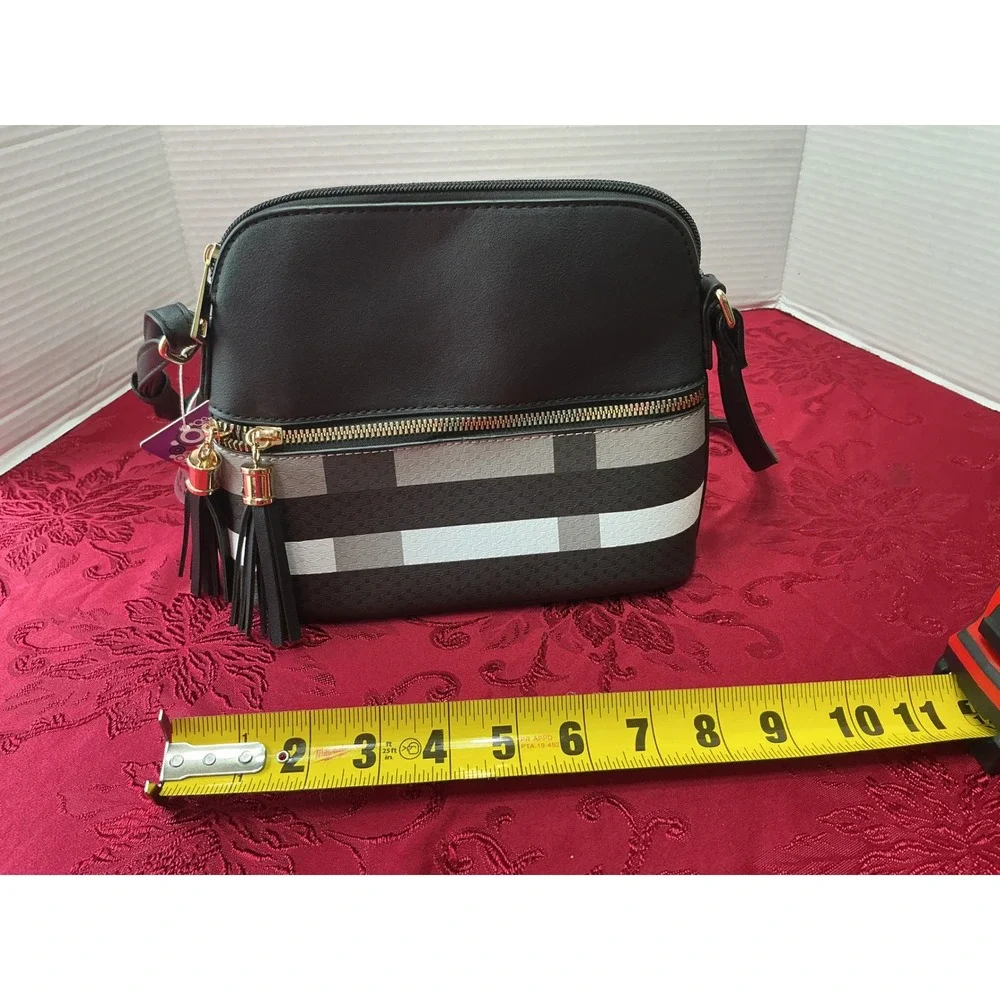 New Vegan Leather Plaid Crossbody Bag Black Grey White Tassel Dome Purse - Picture 7 of 14